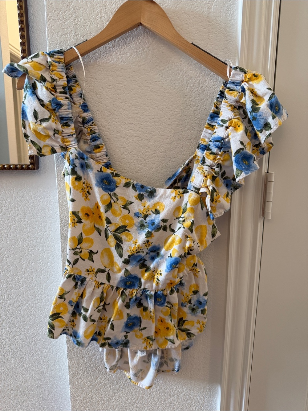 Francesca's Collections White Floral Ruffle Camisole with Yellow & Blue Blooms